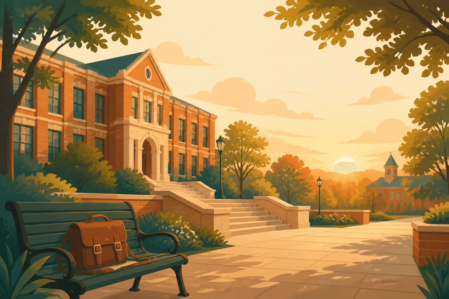 Campus at sunrise with terracotta buildings and morning light