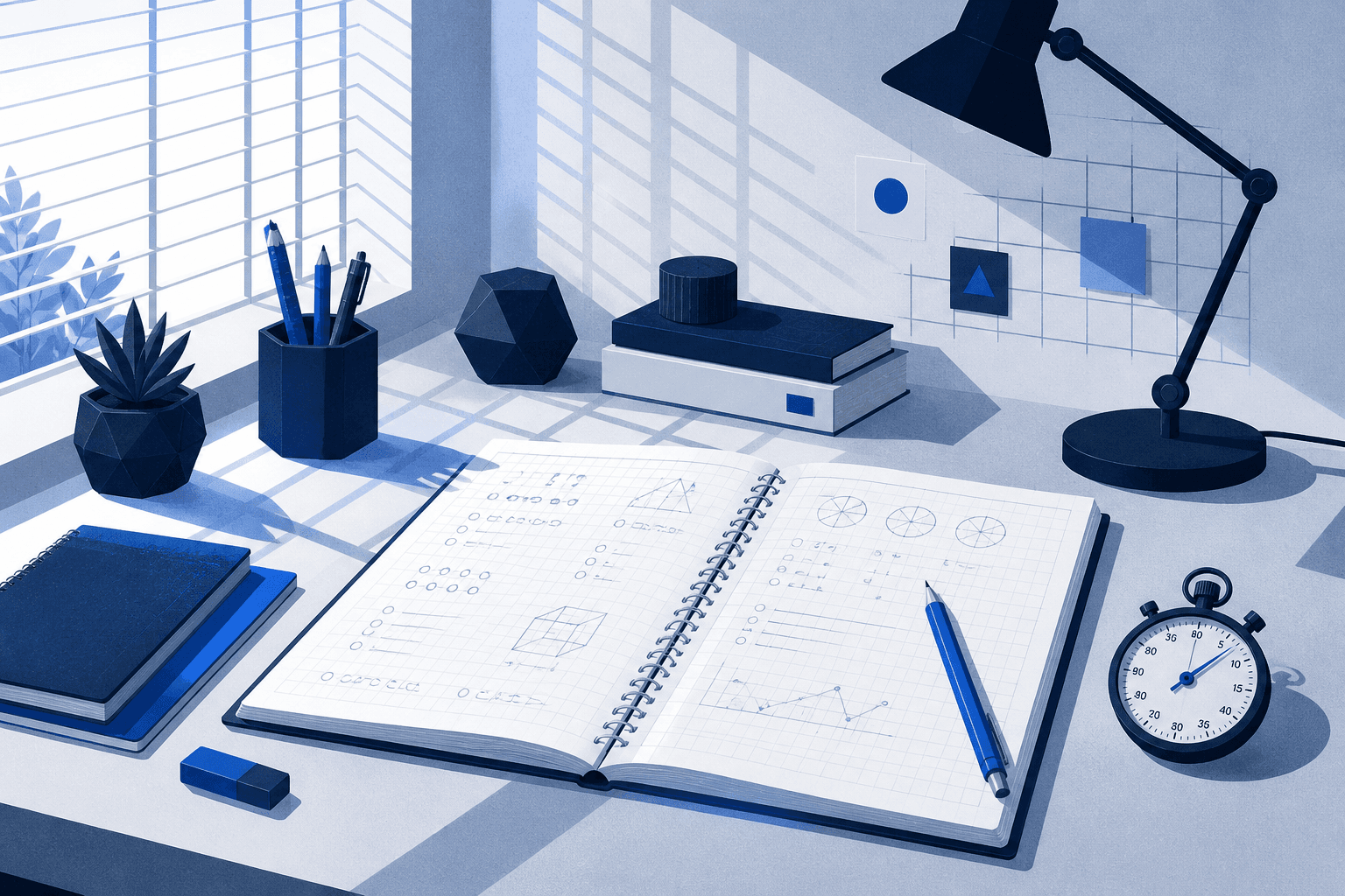 Focus Lab study desk with notebook, stopwatch, and cool blue light