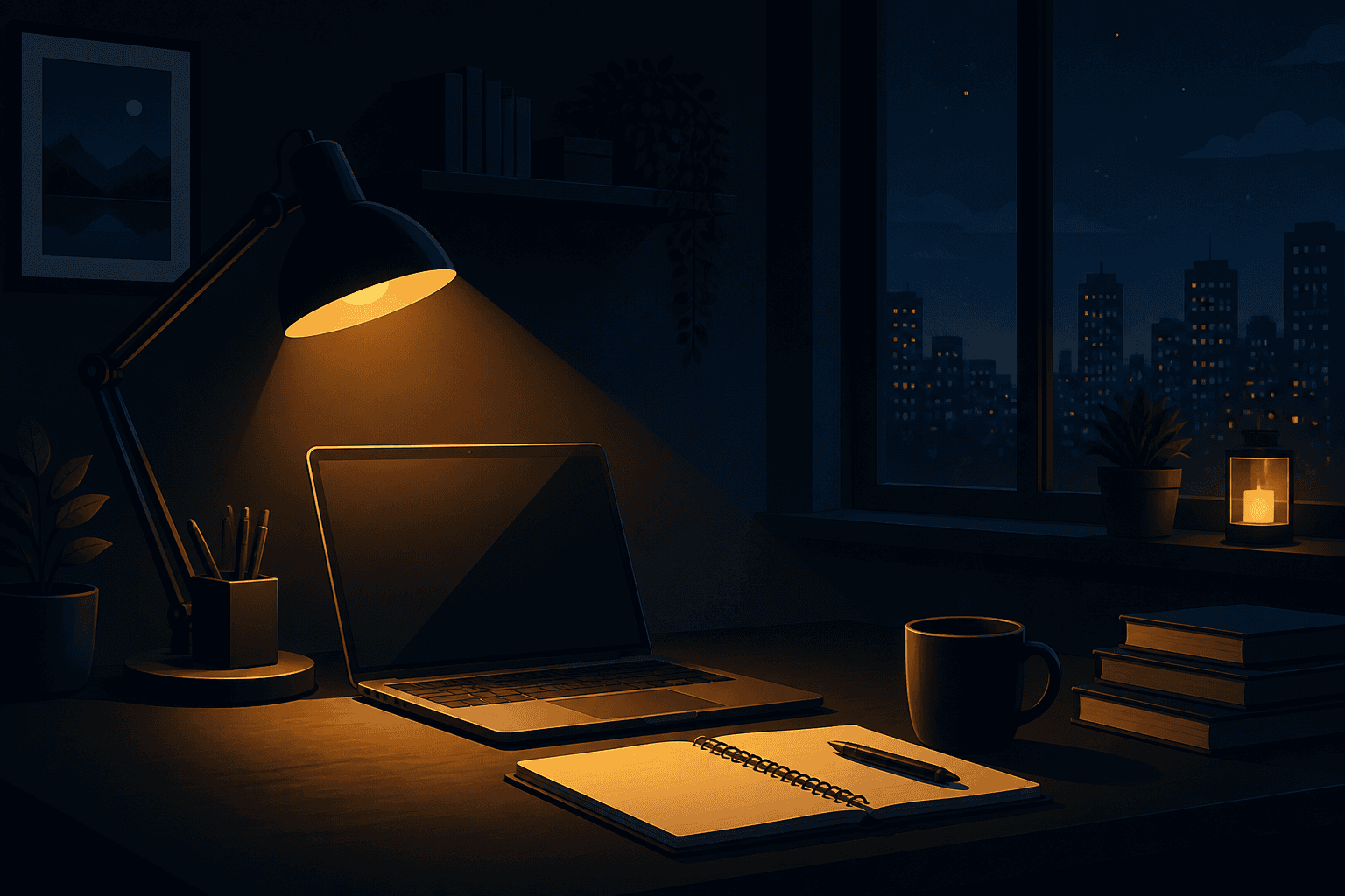 Night desk with amber lamp glow over a laptop and notebook