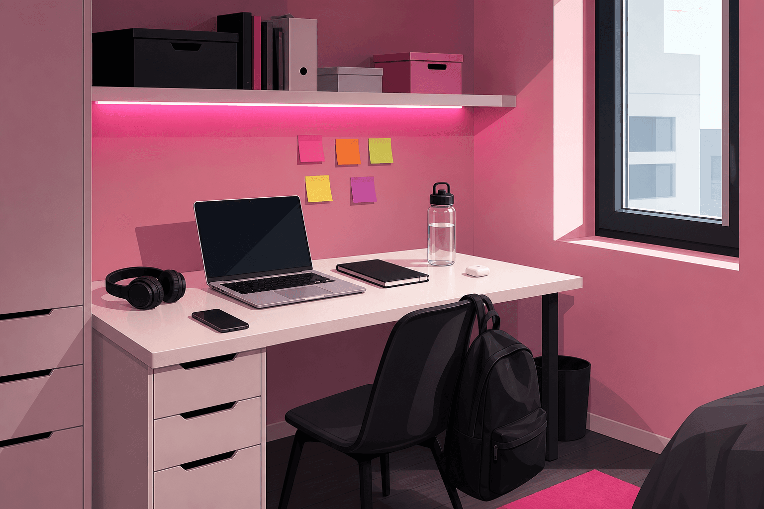 Pink study desk with a laptop, headphones, and sticky notes