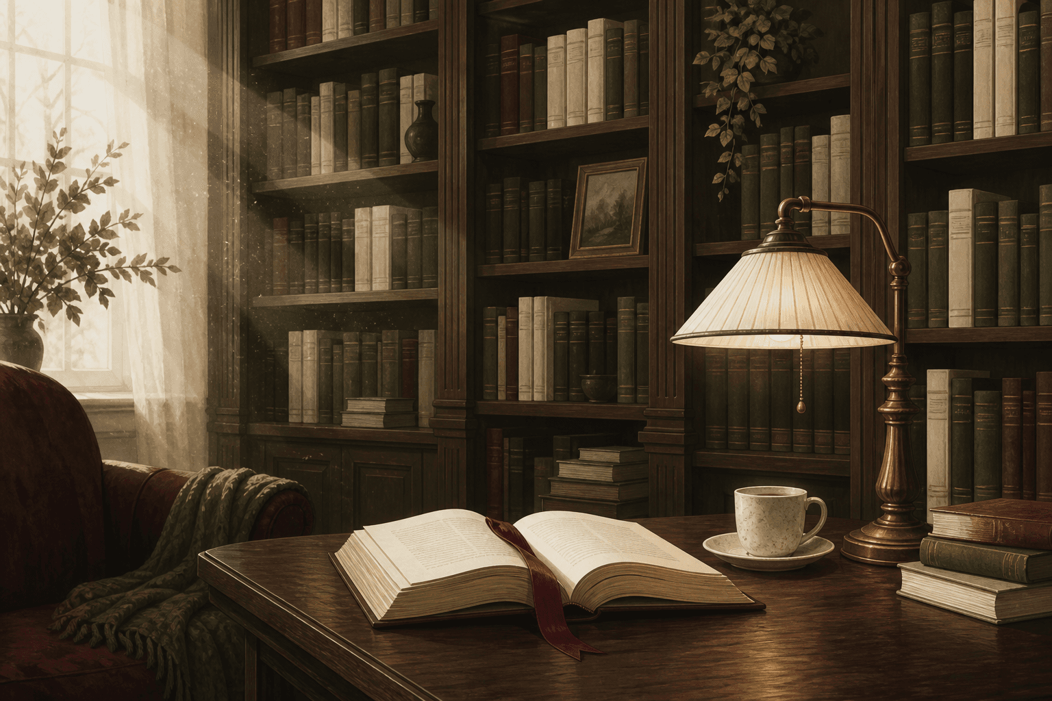 Quiet library shelves with an open book and burgundy bookmark