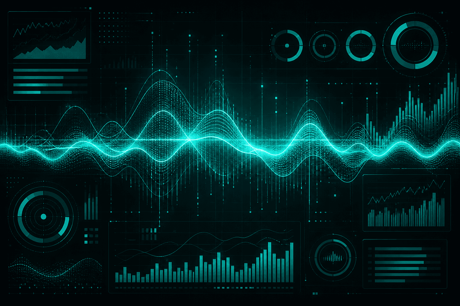 Teal analytics waveform and glowing signal dashboard