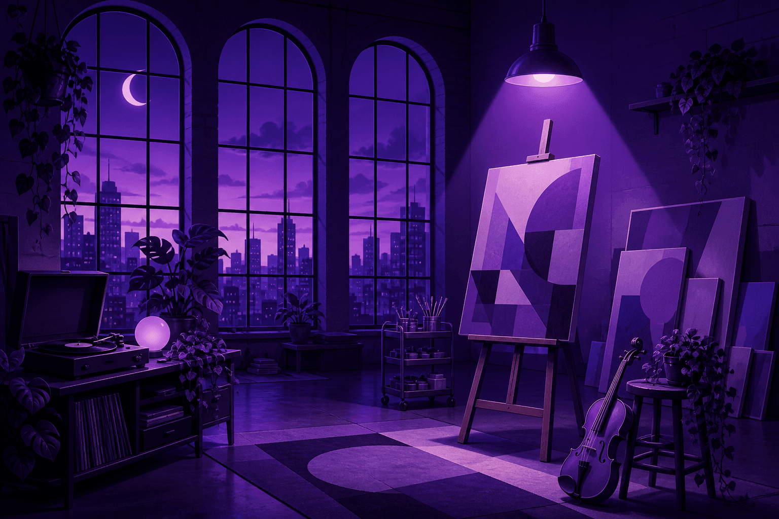 Violet art loft at dusk with an easel, canvases, and purple lamp light